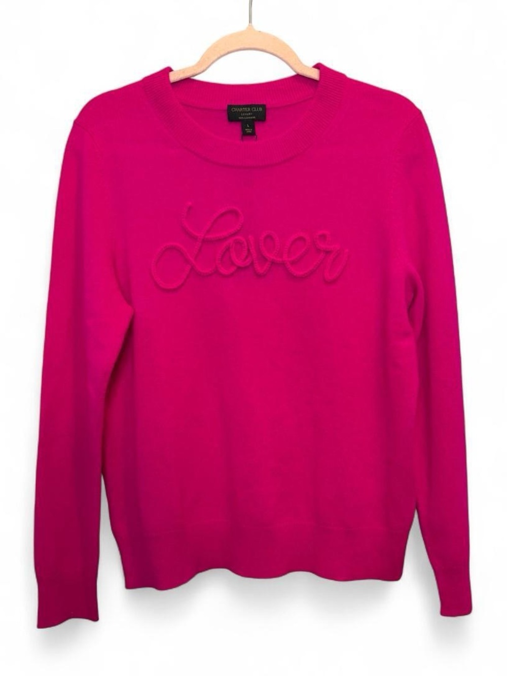 NWT Charter Club Luxury 100% Cashmere "Lover" Script Embroidered Sweater Pink L